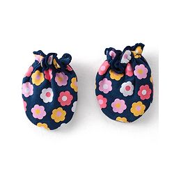Babyhug 100% Cotton Knit Mittens and Booties With Floral Print - Navy Blue