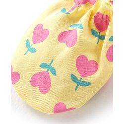 Babyhug 100% Cotton Knit Mittens and Booties With Heart Print - Yellow