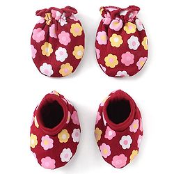 Babyhug 100% Cotton Knit Mittens & Booties Set Floral Print - Red