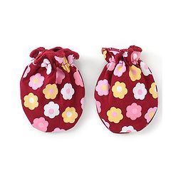 Babyhug 100% Cotton Knit Mittens & Booties Set Floral Print - Red