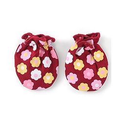 Babyhug 100% Cotton Knit Mittens & Booties Set Floral Print - Red