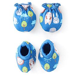 Babyhug 100% Cotton Knit Bear Print Mittens & Booties - Navy Blue