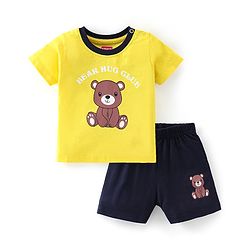 Babyhug 100% Cotton Knit Half Sleeves T-Shirt & Shorts With Teddy Print - Black & Yellow