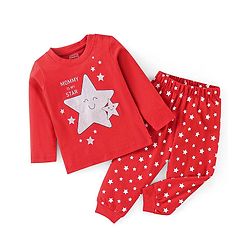 Babyhug Cotton Knit Full Sleeves Stars Printed Night Suit - Red