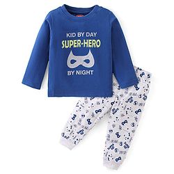 Babyhug Cotton Single Jersey Knit Full Sleeves Night Suit Mask Print - Navy Blue & White