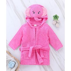 Babyhug Woven Terry Full Sleeves Hooded Bath Robe Elephant Patch - Pink