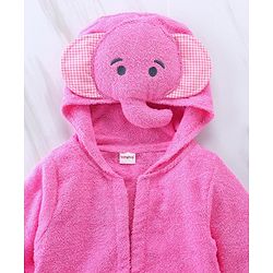 Babyhug Woven Terry Full Sleeves Hooded Bath Robe Elephant Patch - Pink