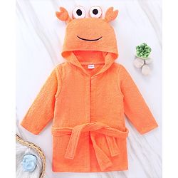 Babyhug Full Sleeves Woven Terry Crab Faced Hooded Bath Robe - Orange