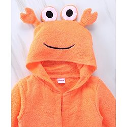 Babyhug Full Sleeves Woven Terry Crab Faced Hooded Bath Robe - Orange