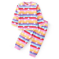 Babyhug Cotton Knit Full Sleeves Striped Night Suit Stars Print - Multicolour