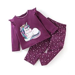 Babyhug Cotton Knit Full Sleeves Night Suit With Unicorn Print - Purple