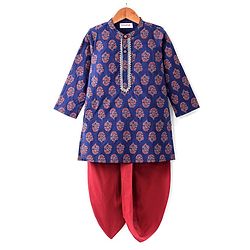 Babyhug 100% Cotton Full Sleeves Kurta & Dhoti Set With Floral Print - Blue & Red