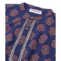 Babyhug 100% Cotton Full Sleeves Kurta & Dhoti Set With Floral Print - Blue & Red