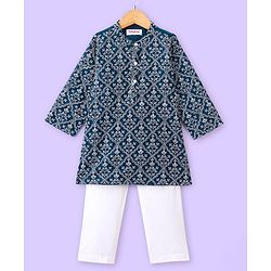 Babyhug Woven Floral Embroidered Full Sleeves Kurta & Pyjama Set- Blue