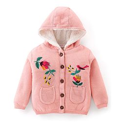 Babyhug Knitted Full Sleeves Hooded Sweater With Floral & Bird Design -Pink