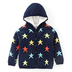 Babyhug Knitted Fleece Lined Full Sleeves Hooded Sweater With Star Print - Navy Blue