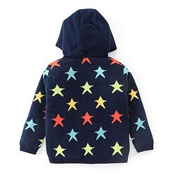 Babyhug Knitted Fleece Lined Full Sleeves Hooded Sweater With Star Print - Navy Blue