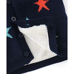 Babyhug Knitted Fleece Lined Full Sleeves Hooded Sweater With Star Print - Navy Blue