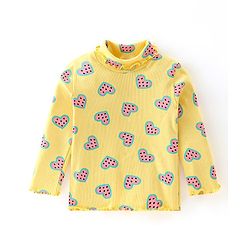 Babyhug 100% Cotton Full Sleeves Skivi T-Shirt with Heart Printed - Yellow
