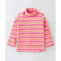 Babyhug 100% Cotton Knit Full Sleeves Skivi T-Shirt with Stripes - Pink & Orange