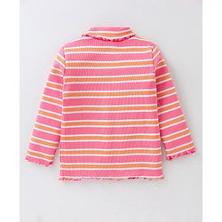 Babyhug 100% Cotton Knit Full Sleeves Skivi T-Shirt with Stripes - Pink & Orange