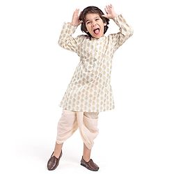 Babyhug 100% Cotton Knit Full Sleeve Kurta & Dhoti Set With Ikat Print - Offwhite