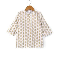 Babyhug 100% Cotton Knit Full Sleeve Kurta & Dhoti Set With Ikat Print - Offwhite