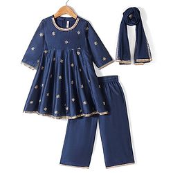 Babyhug Three Fourth Sleeves Floral Embroidered Anarkali Kurti Pant and Dupatta - Blue