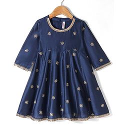Babyhug Three Fourth Sleeves Floral Embroidered Anarkali Kurti Pant and Dupatta - Blue