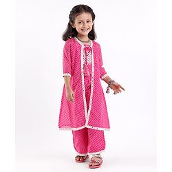 Babyhug Half Sleeves Embroidered Jacket with Bandhani Printed Top and Palazzo  Set - Fuchsia