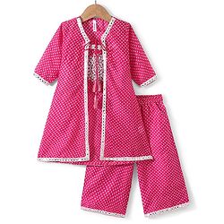Babyhug Half Sleeves Embroidered Jacket with Bandhani Printed Top and Palazzo  Set - Fuchsia
