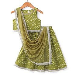 Babyhug Cotton Woven Sleeveless Choli and Lehenga Set with Lace Border Dupatta Bandhani Print - Green