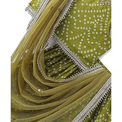Babyhug Cotton Woven Sleeveless Choli and Lehenga Set with Lace Border Dupatta Bandhani Print - Green