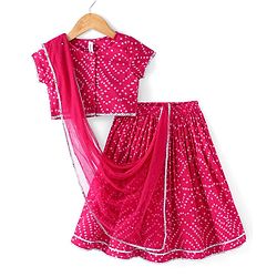 Babyhug 100% Cotton Woven Short Sleeve Bandhani Printed Lehenga Choli and Dupatta - Fuschia