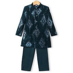 Babyhug Velvet Full Sleeves Embroidered Sherwani Kurta Pyjama Set  - Teal Blue