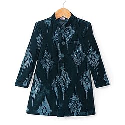 Babyhug Velvet Full Sleeves Embroidered Sherwani Kurta Pyjama Set  - Teal Blue