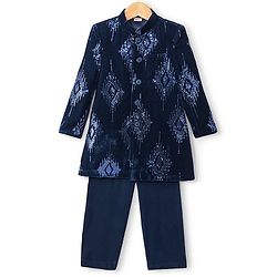 Babyhug Velvet Full Sleeves Embroidered Sherwani Kurta Pyjama Set  - Teal Blue