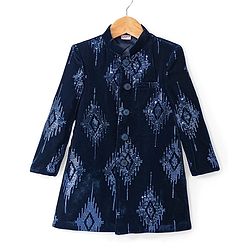 Babyhug Velvet Full Sleeves Embroidered Sherwani Kurta Pyjama Set  - Teal Blue