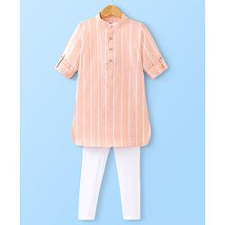 Babyhug Full Sleeves Lurex Printed Pathani Kurta Pyjama Set  - Coral