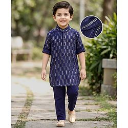 Babyhug Full Sleeves Sequenced Pathani Kurta Pyjama Set - Navy Blue