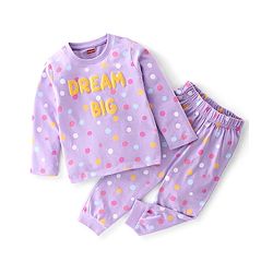 Babyhug Cotton Knit Full Sleeves Night Suit with Text  & Polka Dots Printed - Lavender