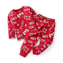 Babyhug Cotton Knit Full Sleeves Night Suit With Text Print - Red