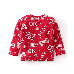 Babyhug Cotton Knit Full Sleeves Night Suit With Text Print - Red