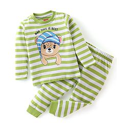 Babyhug Cotton Knit Full Sleeves Night Suit Stripes & Bear Print - Green
