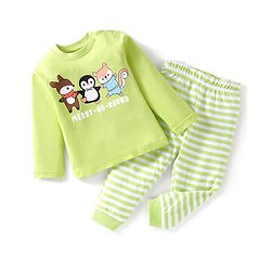 Babyhug Cotton Knit Full Sleeves Striped & Animals Printed Night Suit - Green