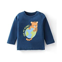 Babyhug Cotton Knit Full Sleeves Tiger Printed & Striped Night Suit - Navy Blue
