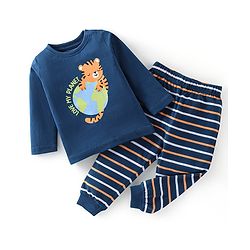 Babyhug Cotton Knit Full Sleeves Tiger Printed & Striped Night Suit - Navy Blue