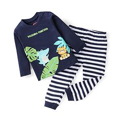 Babyhug Cotton Knit Full Sleeves Night Suit Crocodile Printed - Navy Blue
