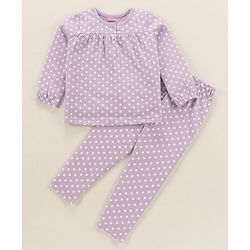 Babyhug Cotton Single Jersey Knit Full Sleeves Night Suit Polka Dot Print - Lavender