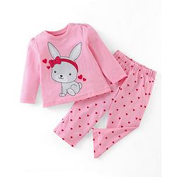 Babyhug Cotton Knit Full Sleeves Bunny Printed Night Suit - Pink